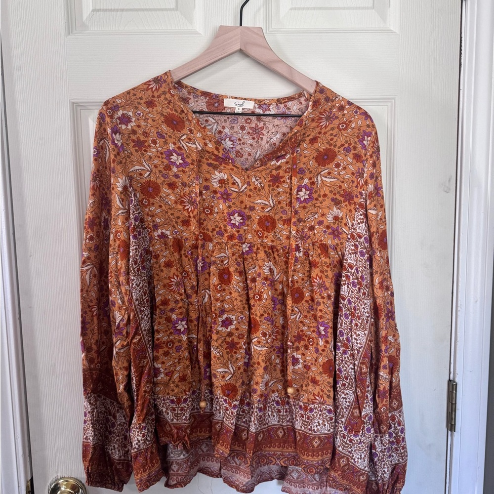 Easel Floral Boho Blouse in Orange and Brown
